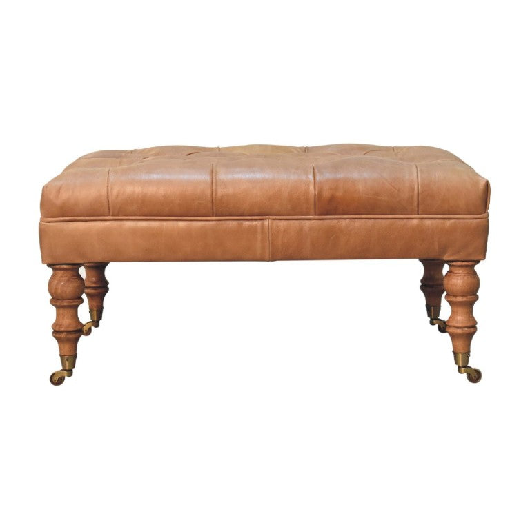 HomeRoots 35 Inch Genuine Leather Tufted Ottoman with Rolling Casters for Living Room 720257