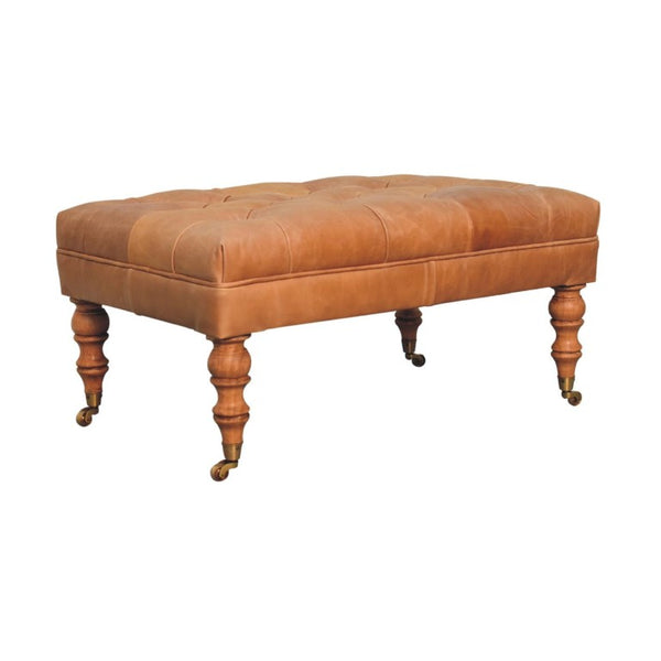 35 Inch Genuine Leather Tufted Ottoman with Rolling Casters for Living Room