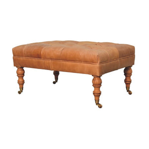 35 Inch Genuine Leather Tufted Ottoman with Rolling Casters for Living Room