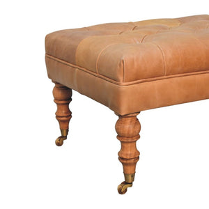 35 Inch Genuine Leather Tufted Ottoman with Rolling Casters for Living Room