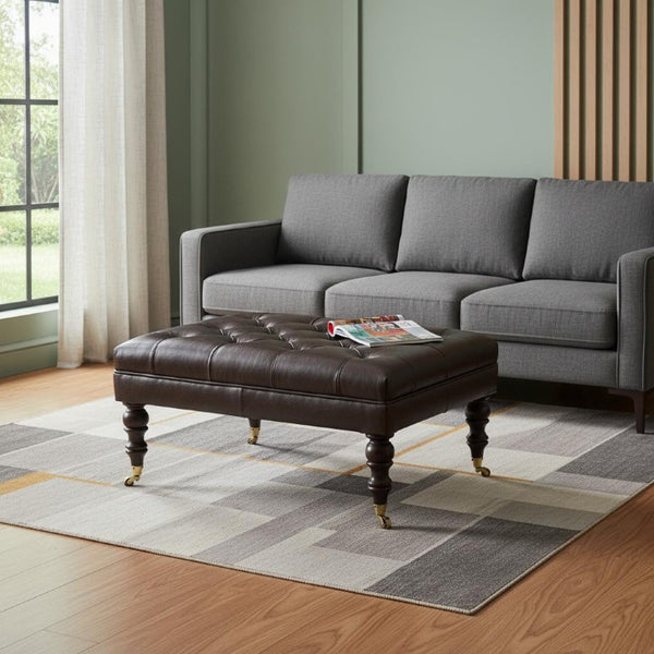 35 Inch Leather Footstool in Rich Black and Brown for Stylish Living Room Lounging