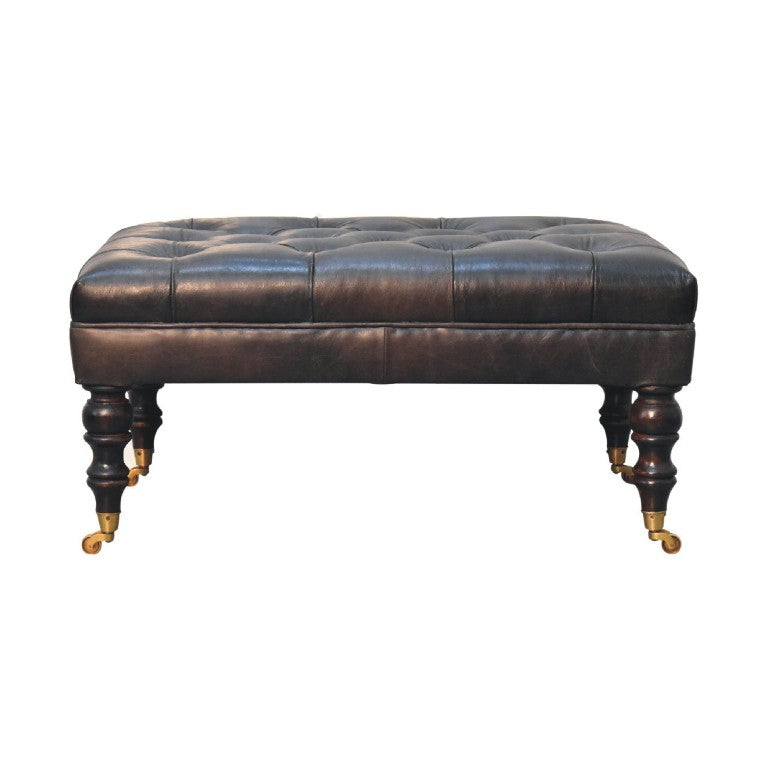HomeRoots 35 Inch Leather Footstool in Rich Black and Brown for Stylish Living Room Lounging 720258