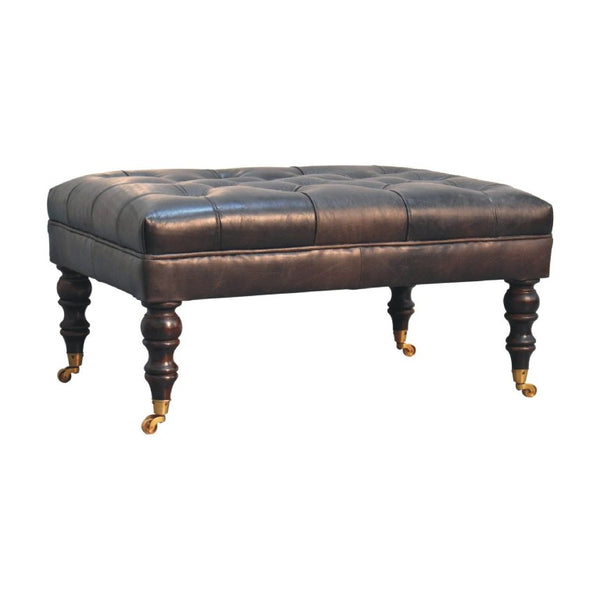 35 Inch Leather Footstool in Rich Black and Brown for Stylish Living Room Lounging