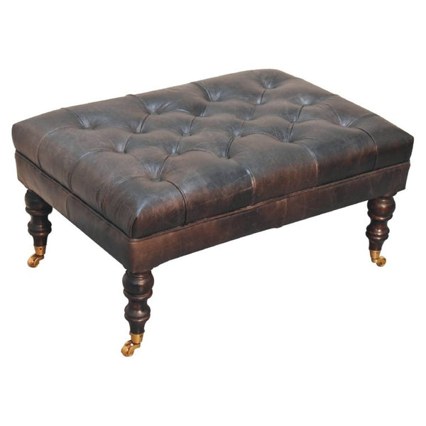 35 Inch Leather Footstool in Rich Black and Brown for Stylish Living Room Lounging