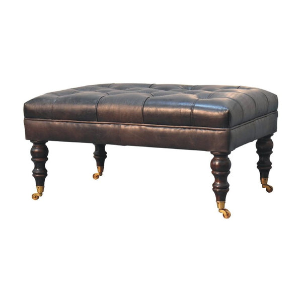 35 Inch Leather Footstool in Rich Black and Brown for Stylish Living Room Lounging