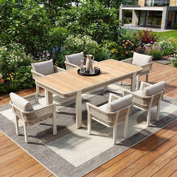 Seven Piece Solid Wood Dining Set with Six Chairs for Farmhouse Kitchen Gatherings and Meals
