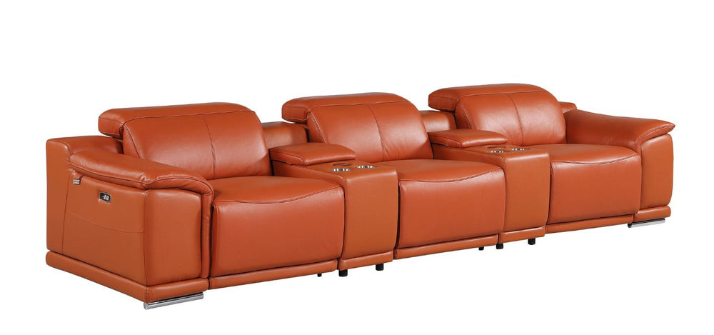 HomeRoots 134 Inch Italian Leather Reclining Sofa with Usb Wireless Charging and Hidden Storage 720294