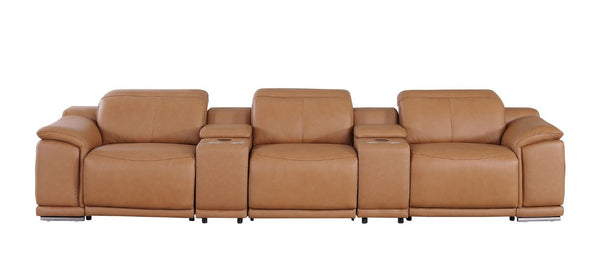 HomeRoots 134 Inch Italian Leather Reclining Sofa with Usb Charging and Built-in Storage Compartments 720295