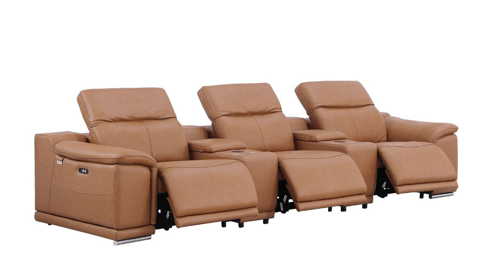 HomeRoots 134 Inch Italian Leather Reclining Sofa with Usb Charging and Built-in Storage Compartments 720295