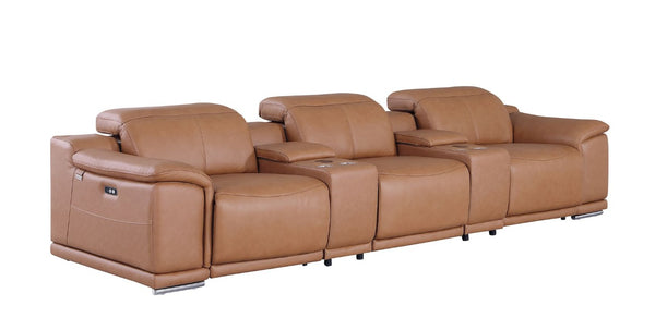 134 Inch Italian Leather Reclining Sofa with Usb Charging and Built-in Storage Compartments