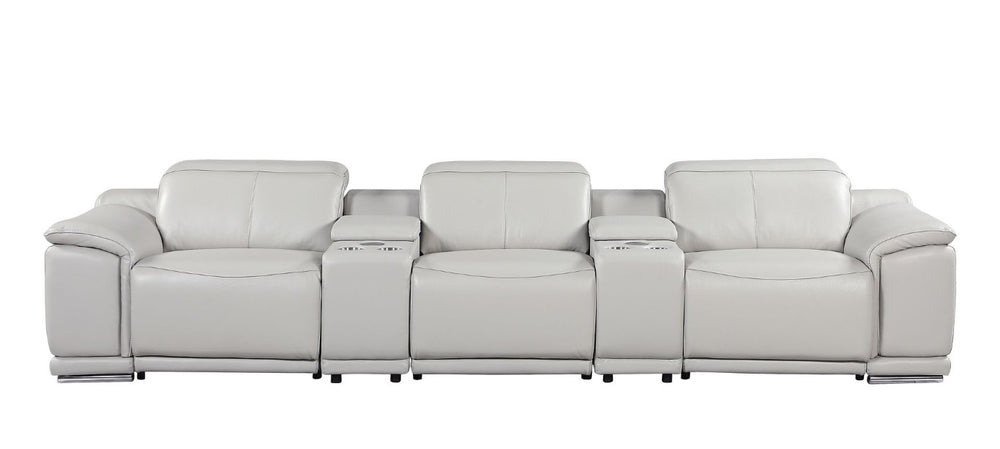 HomeRoots 134 Inch Italian Leather Power Reclining Sofa with Usb Charging and Hidden Storage Console Light Gray 720297