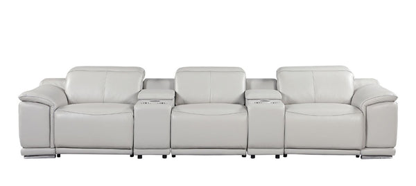 HomeRoots 134 Inch Italian Leather Power Reclining Sofa with Usb Charging and Hidden Storage Console Light Gray 720297