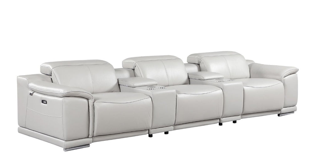 HomeRoots 134 Inch Italian Leather Power Reclining Sofa with Usb Charging and Hidden Storage Console Light Gray 720297