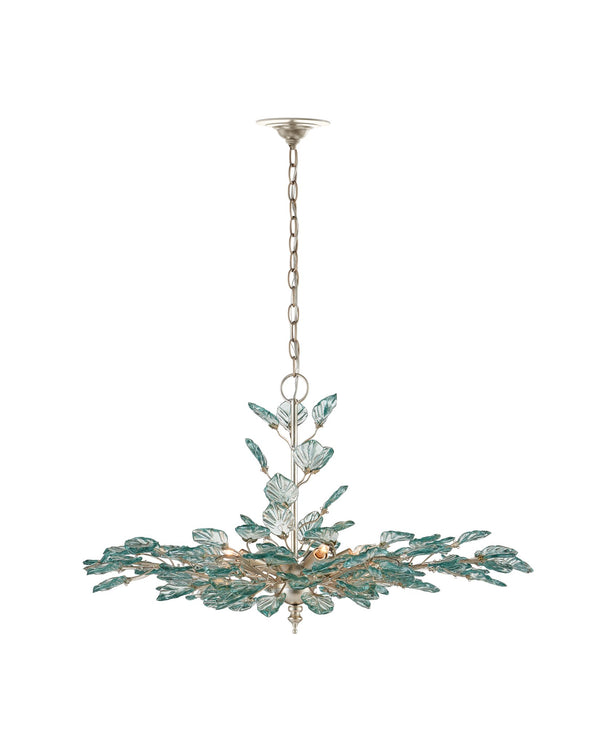 Currey & Company Baobab Medium Silver Chandelier - Elegant Biophilic Design With Recycled Glass Leaves & Dimmable Light Blue Recycled Glass ,Wrought Iron 9000-1293-currey-company