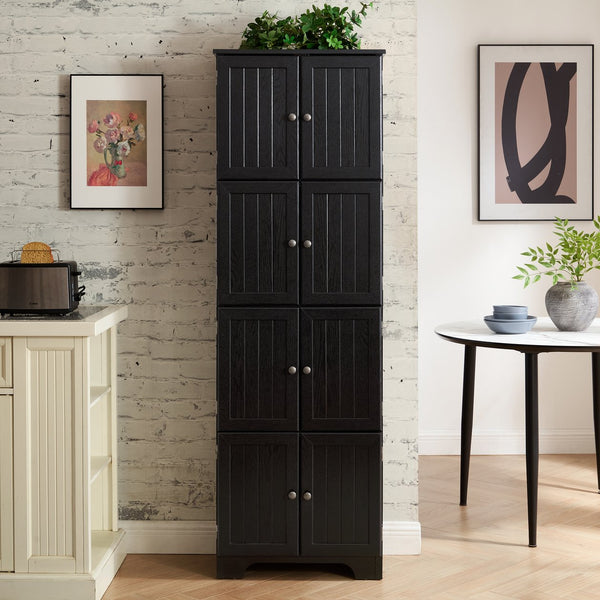 English Elm 72.4" Tall Storage Cabinet with 8 Doors and 4 Shelves, Oak Finish Large Freestanding Organizer for Home Black W2275P292651