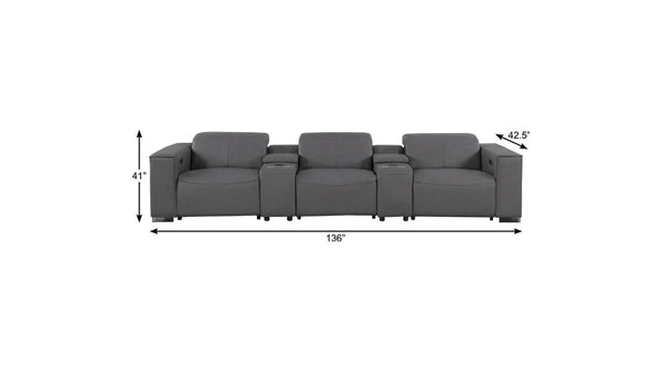 136 Inch Top Grain Leather Power Reclining Sofa with Usb Wireless Charging and Storage
