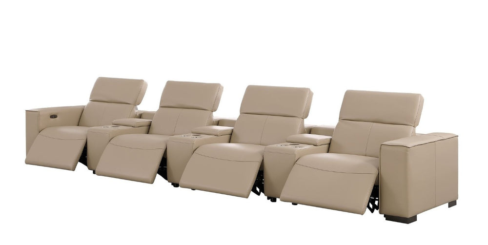 HomeRoots 179 Inch Top Grain Leather Reclining Sofa with Usb Charging Ports and Hidden Storage Compartment Beige 720318
