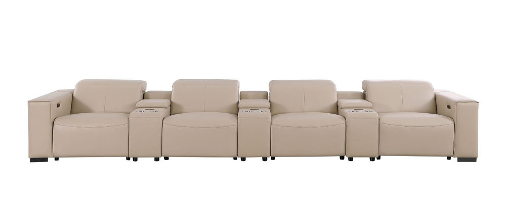 HomeRoots 179 Inch Top Grain Leather Reclining Sofa with Usb Charging Ports and Hidden Storage Compartment Beige 720318
