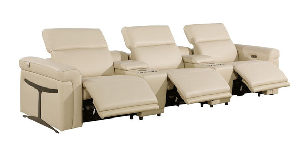 HomeRoots 126 Inch Italian Leather Reclining Sofa with Usb Wireless Charging and Hidden Storage Console Beige 720364