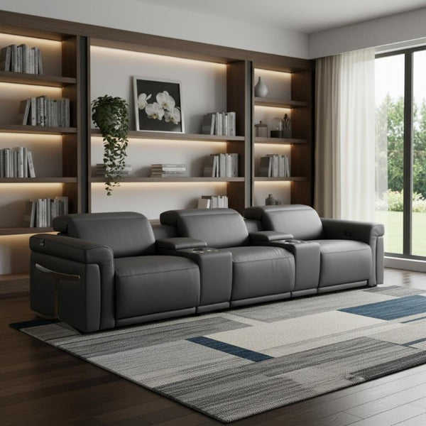 126 Inch Italian Leather Reclining Sofa with Usb Wireless Charging and Hidden Storage Console