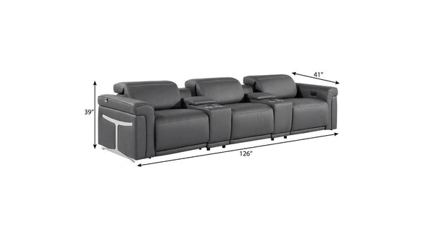 126 Inch Italian Leather Reclining Sofa with Usb Wireless Charging and Hidden Storage Console