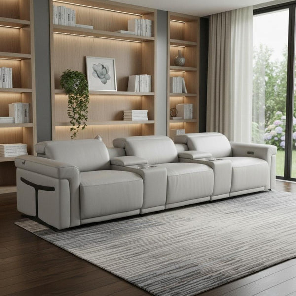 126 Inch Italian Leather Reclining Sofa with Usb Wireless Charging and Hidden Storage Console