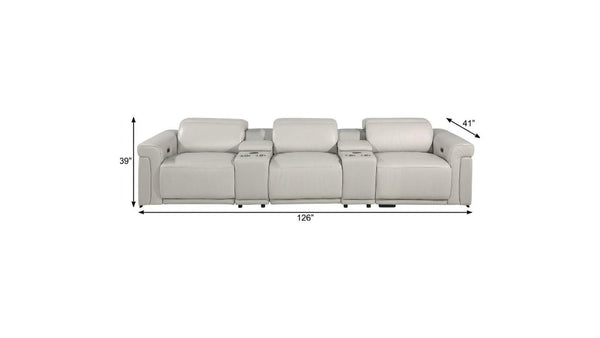 126 Inch Italian Leather Reclining Sofa with Usb Wireless Charging and Hidden Storage Console