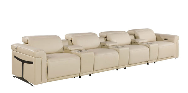 HomeRoots 166 Inch Italian Leather Power Reclining Sofa with Usb Charging and Built-in Hidden Storage Beige 720372