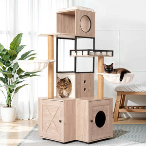 English Elm 63" Rustic Gray Cat Tower with Hidden Litter Enclosure Sisal Posts and Washable Perch W1687P304383