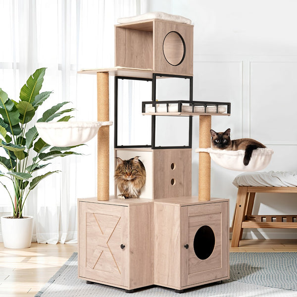 English Elm 63" Rustic Gray Cat Tower with Hidden Litter Enclosure Sisal Posts and Washable Perch W1687P304383