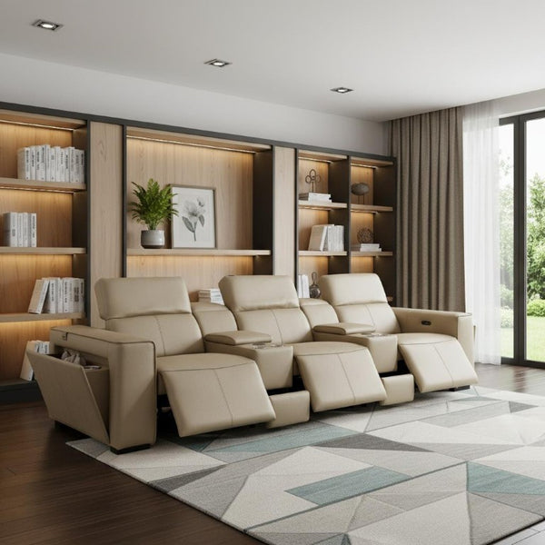 130 Inch Italian Leather Power Reclining Sofa with Usb Charging and Built-in Hidden Storage