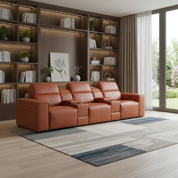 130 Inch Italian Leather Power Reclining Sofa with Usb Charging and Hidden Storage