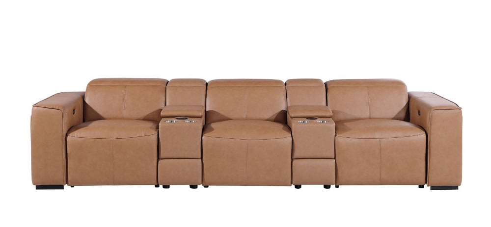 HomeRoots 130 Inch Italian Leather Power Reclining Sofa with Usb Wireless Charging Storage 720396