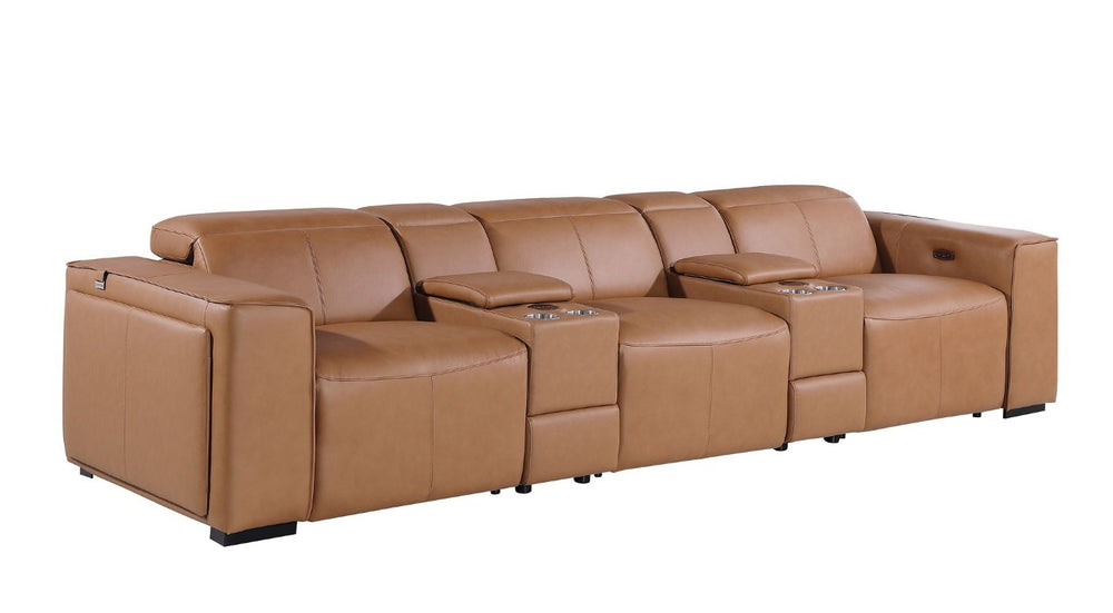 HomeRoots 130 Inch Italian Leather Power Reclining Sofa with Usb Wireless Charging Storage 720396