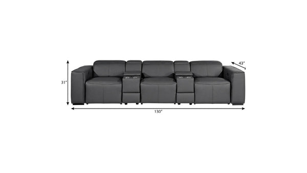 130 Inch Italian Leather Power Reclining Sofa with Usb Charging and Built-in Hidden Storage