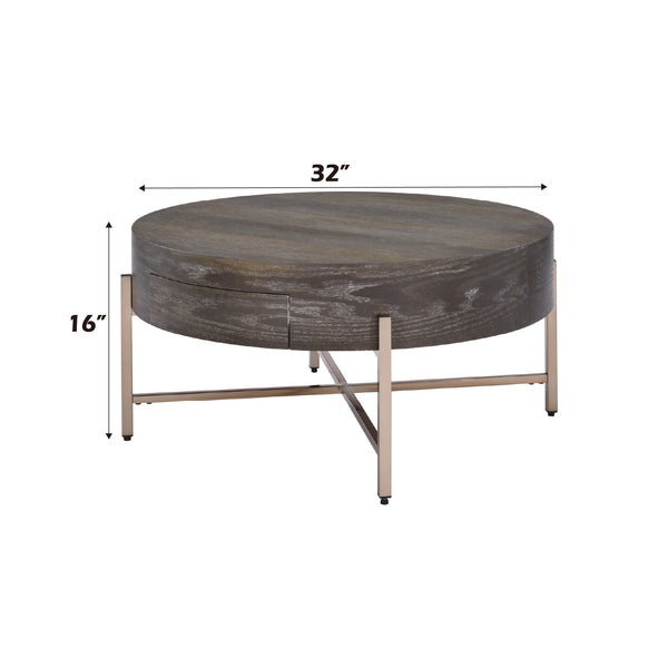 English Elm Weyton Drum Coffee Table with Dark Oak Wood Top, Champagne Metal X-Base, 1 Drawer Storage, 100lb Limit B2726P340579