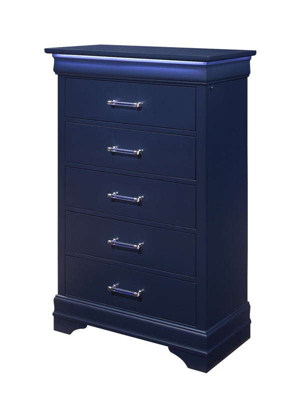 English Elm CHARLSTON Solid Wood 5-Drawer Chest with Built-In LED Lighting, Spacious Transitional Bedroom Storage Blue 35.63 L x 19.49 W x 52.17 H B201P215697