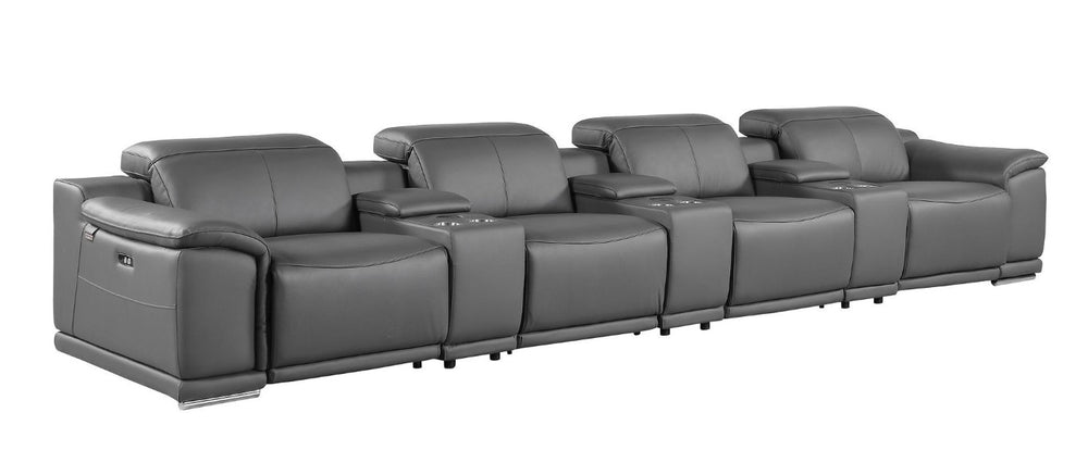 HomeRoots 175 Inch Italian Leather Reclining Sofa with Usb Charging Hidden Storage and Wireless Dark Gray 720414