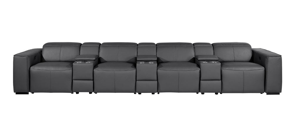 HomeRoots 170 Inch Italian Leather Power Reclining Sofa with Usb Wireless Charging and Hidden Storage Dark Gray 720423