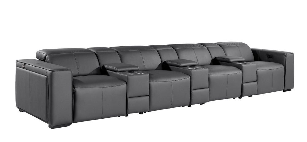 HomeRoots 170 Inch Italian Leather Power Reclining Sofa with Usb Wireless Charging and Hidden Storage Dark Gray 720423