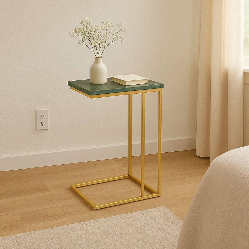 English Elm Marble C-shaped Sofa Side Table with Gold Metal Frame Glam Living Room Accent B346P320729