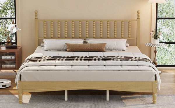 English Elm King Rubberwood Platform Bed Sculptural Gourd Headboard Retro Natural Finish Bedroom N733P338316M