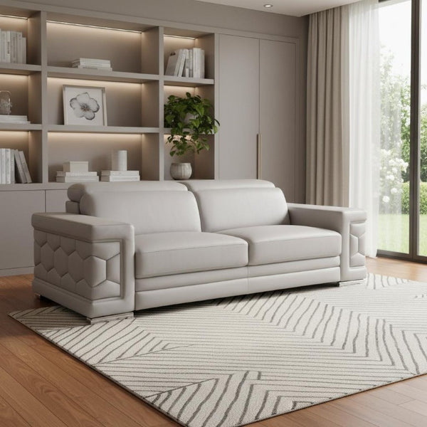 88 Inch Top Grain Leather Sofa Spacious Living Room Seating in Light Gray
