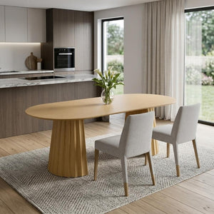 79 Inch Oval Natural Wood Dining Table with Double Pedestal Base Seats Eight