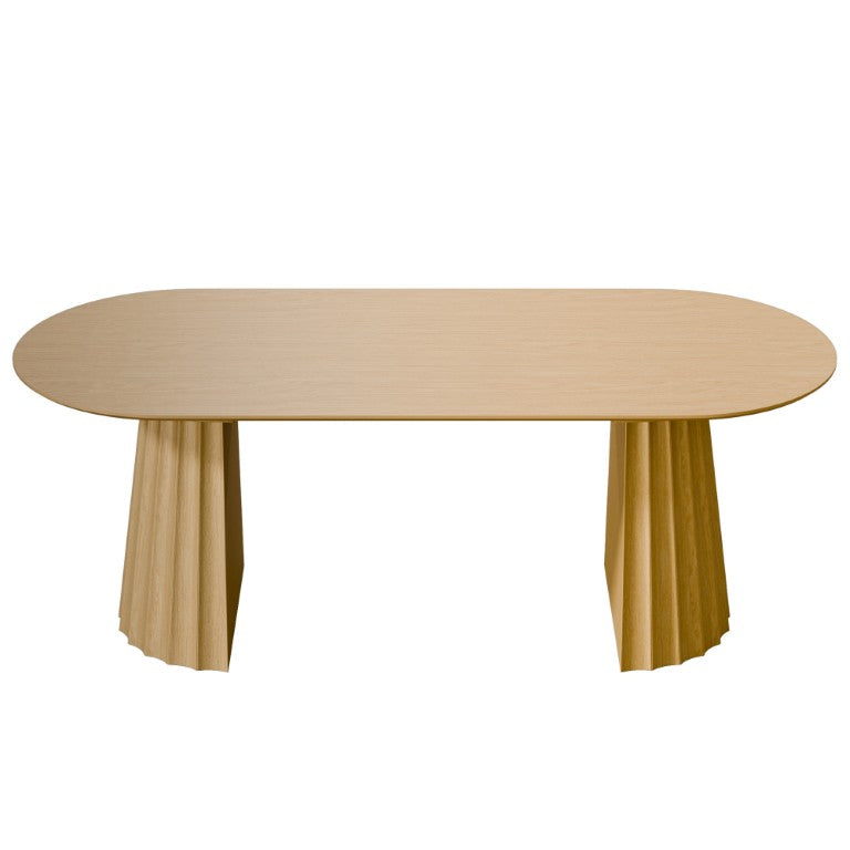 HomeRoots 79 Inch Oval Natural Wood Dining Table with Double Pedestal Base Seats Eight 720463