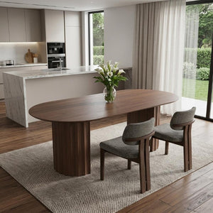 79 Inch Oval Brown Wood Dining Table with Double Pedestal Base for Large Gatherings