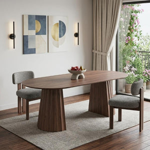 79 Inch Brown Wood Oval Dining Table with Elegant Double Pedestal Base Seats Eight
