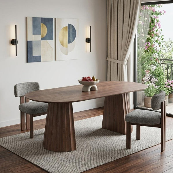 79 Inch Brown Wood Oval Dining Table with Elegant Double Pedestal Base Seats Eight