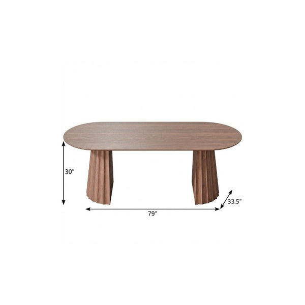 79 Inch Brown Wood Oval Dining Table with Elegant Double Pedestal Base Seats Eight