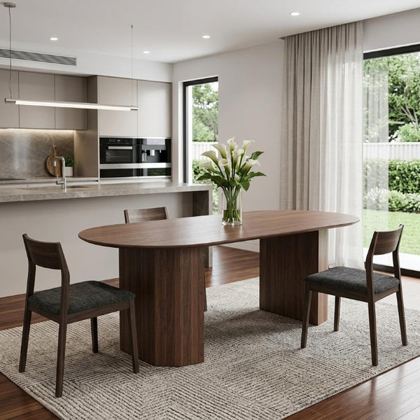 79 Inch Brown Solid Wood Oval Dining Table with Elegant Double Pedestal Base Seats Eight